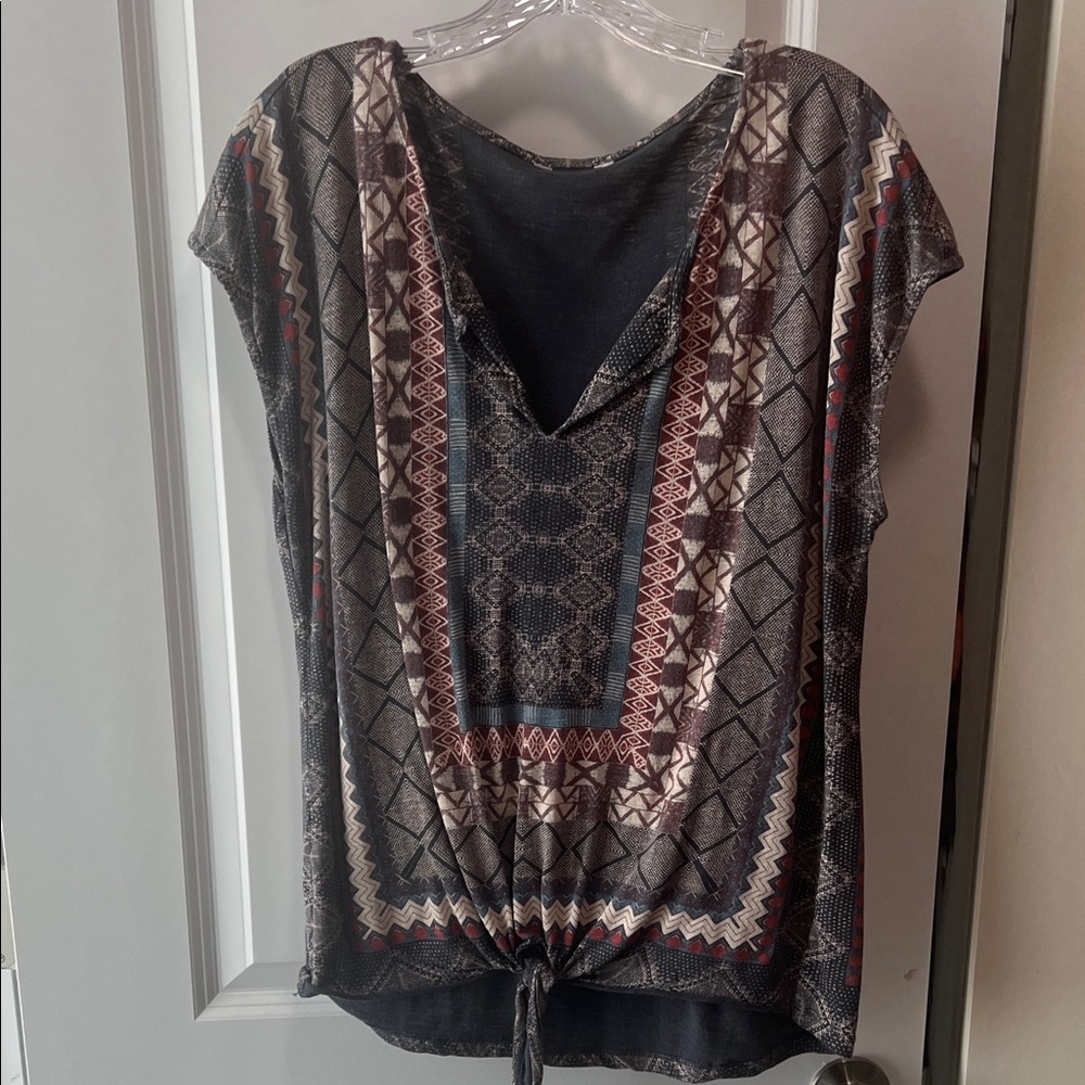 Lucky Brand Black and Brown Patterned Tie-Hem Blouse